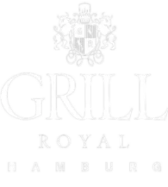 Weißes Logo des Grill Royal Hamburg mit Wappen und Schriftzug