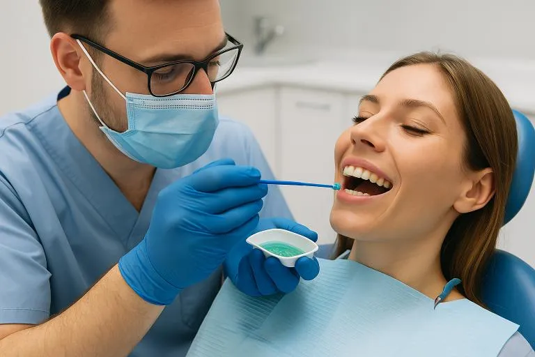 Male dentist in mask and gloves examining a smiling female patient’s teeth during a routine oral checkup emphasizing preventive dental care and patient comfort
