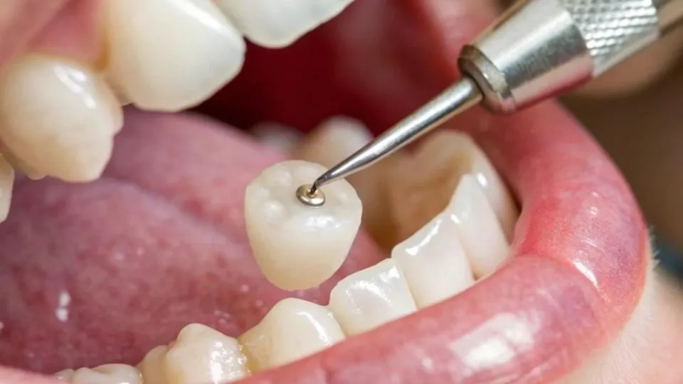 Dentist using precision tools to position a ceramic crown on a prepared tooth inside a patient’s mouth highlighting restorative dental techniques and accuracy