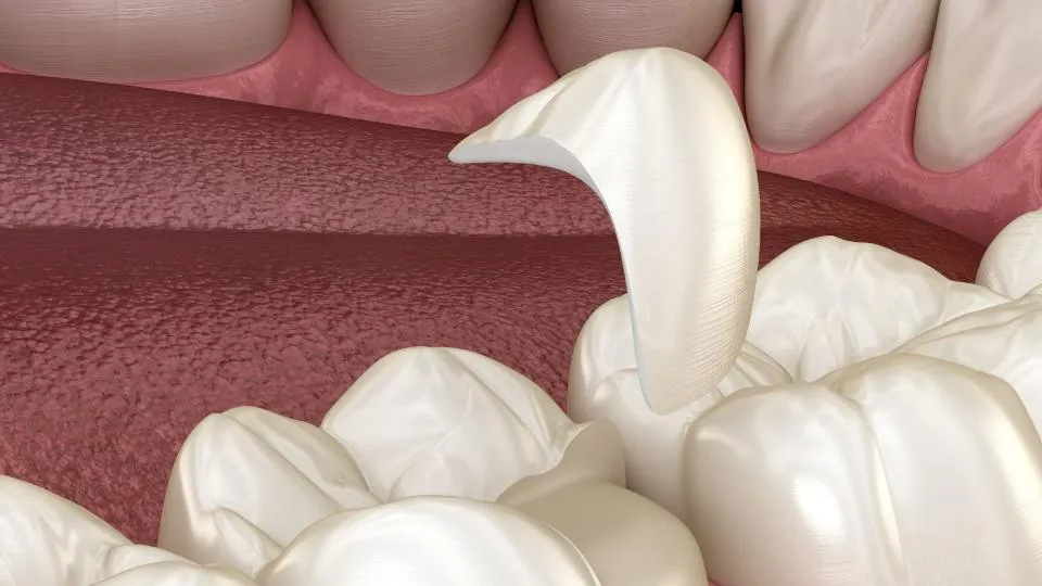 Detailed 3D illustration showing artificial teeth attached to dental implants inside the gum line demonstrating the structure and function of an implant-supported bridge
