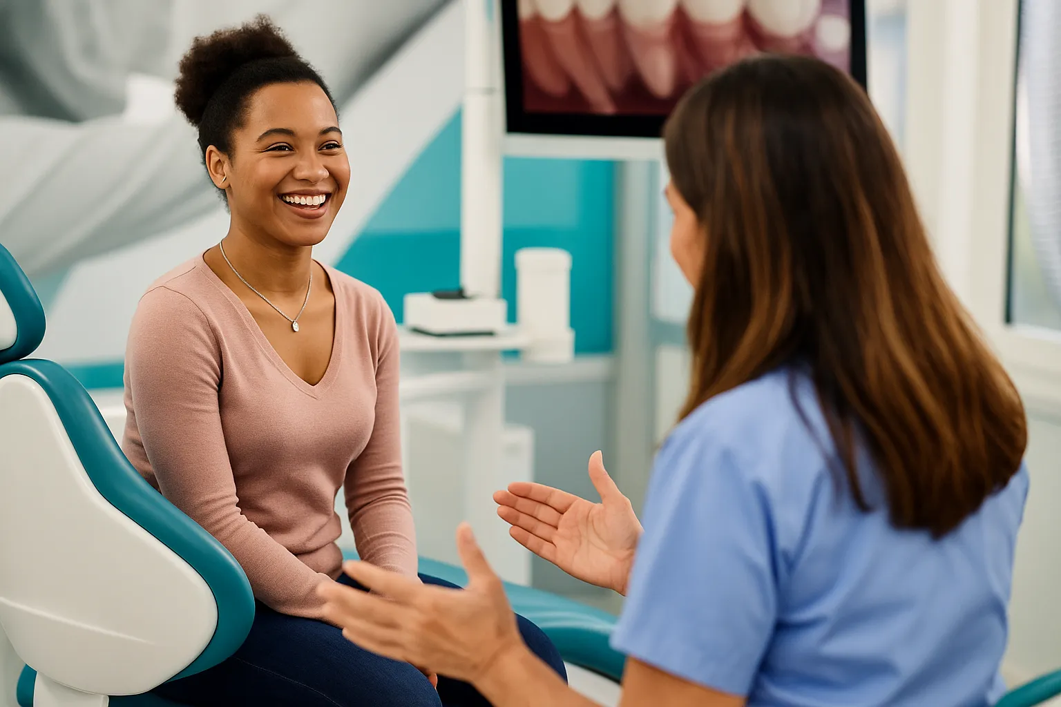 A friendly female dentist talking with a smiling patient in a bright, modern dental clinic, explaining oral health procedures and treatment options.