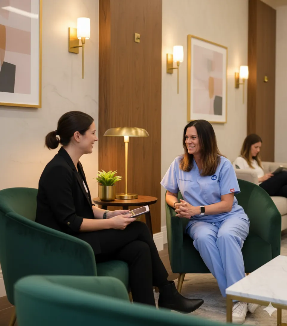 Two women sitting in a warmly lit dental office lounge, one wearing black and the other in light blue scrubs, having a friendly conversation on green upholstered chairs beside a wooden wall with modern sconces and framed art