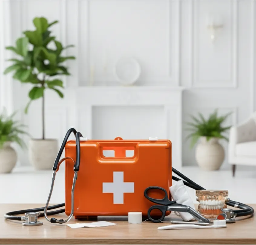 Bright modern living space with white walls, indoor plants, and minimalistic decor featuring an orange medical first aid kit with a white cross symbol placed on a white table. Surrounding the kit are medical instruments including a stethoscope, scissors, adhesive tape, and a small glass bowl, creating a clean, organized emergency care setup