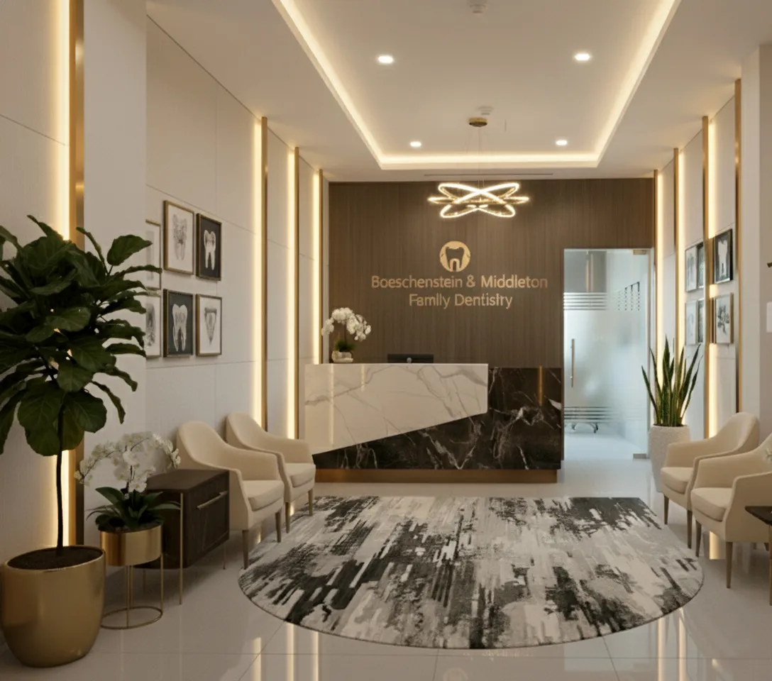 Elegant dental office reception area with warm lighting, marble-patterned flooring, a sleek front desk with gold signage, decorative plants, and minimalist framed artwork on beige walls