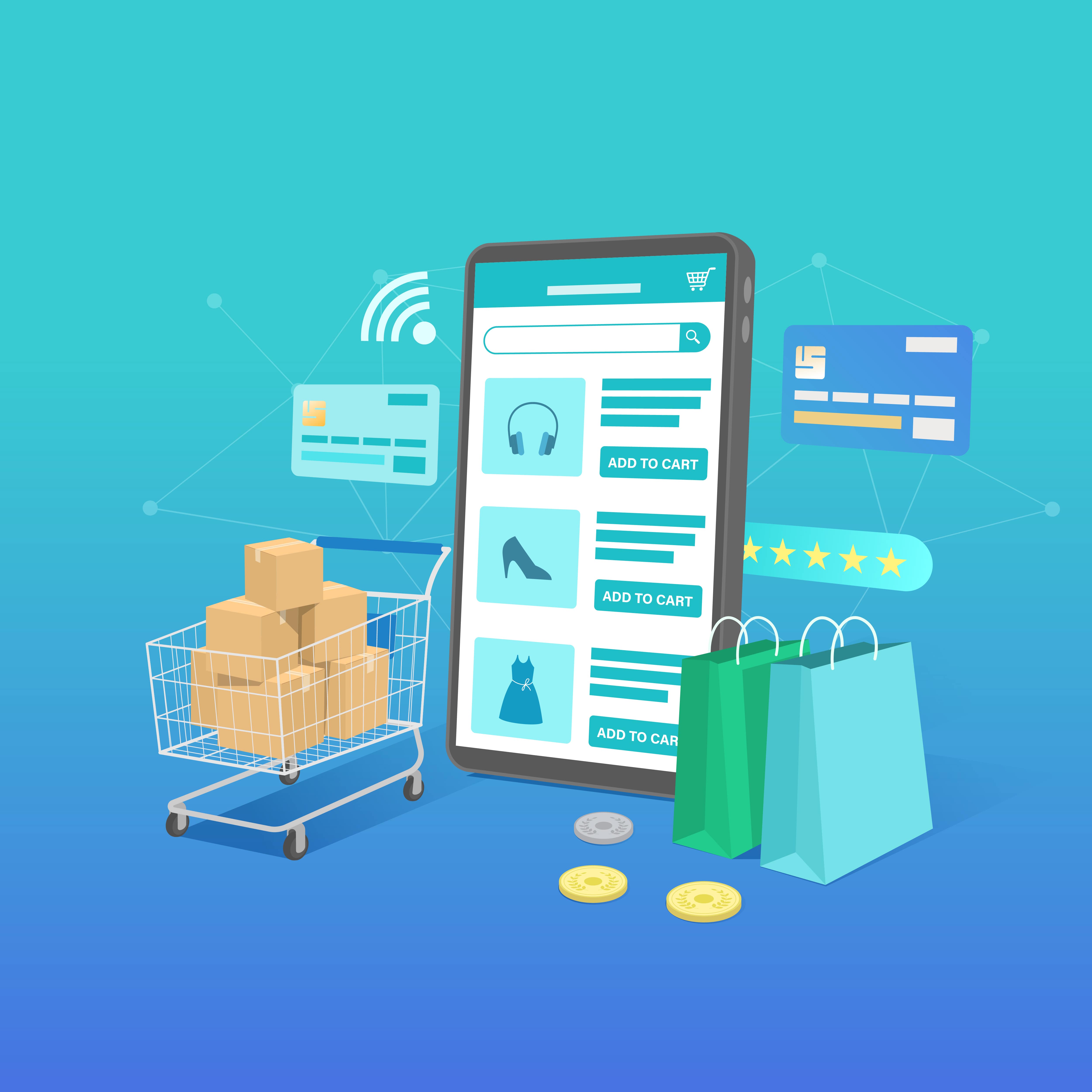 Smartphone avec panier d'achat illustrant la publicité Meta pour l'e-commerce