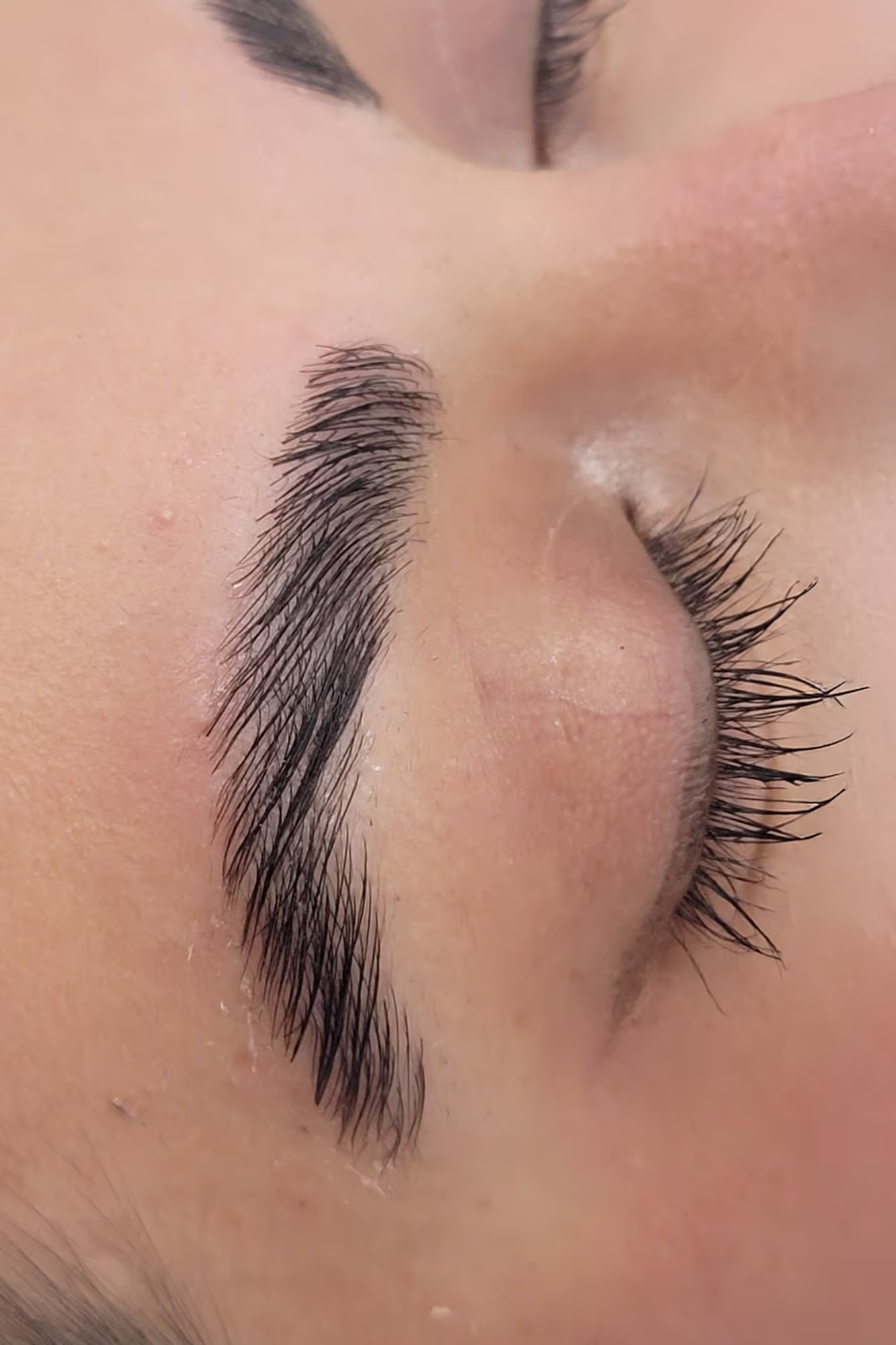 Close-up of a closed eye with thick, well-groomed eyebrow and long eyelashes.