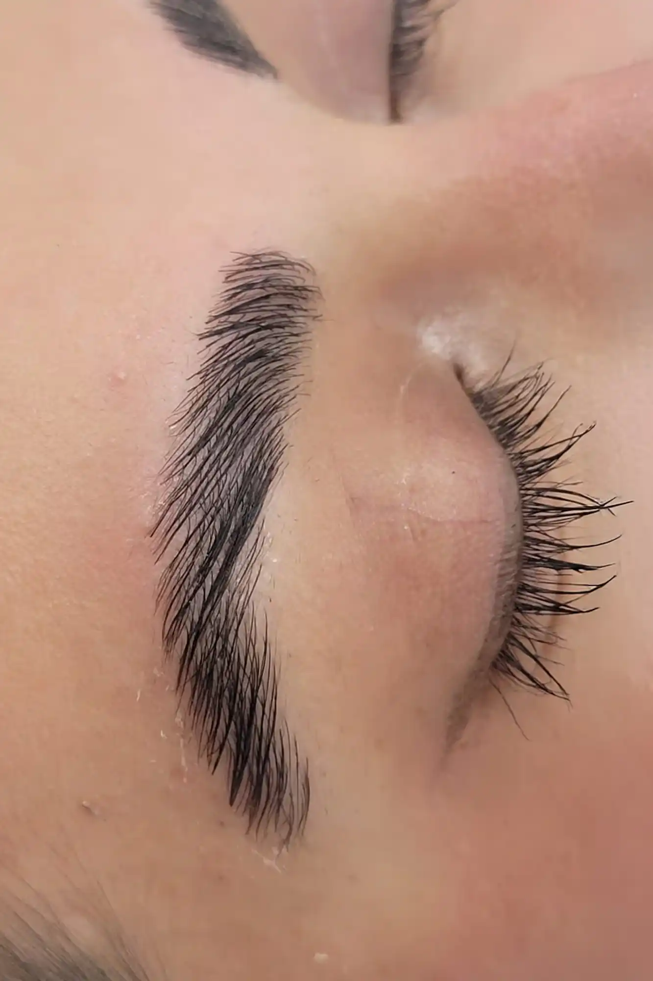 Close-up of a closed eye with thick, well-groomed eyebrow and long eyelashes.