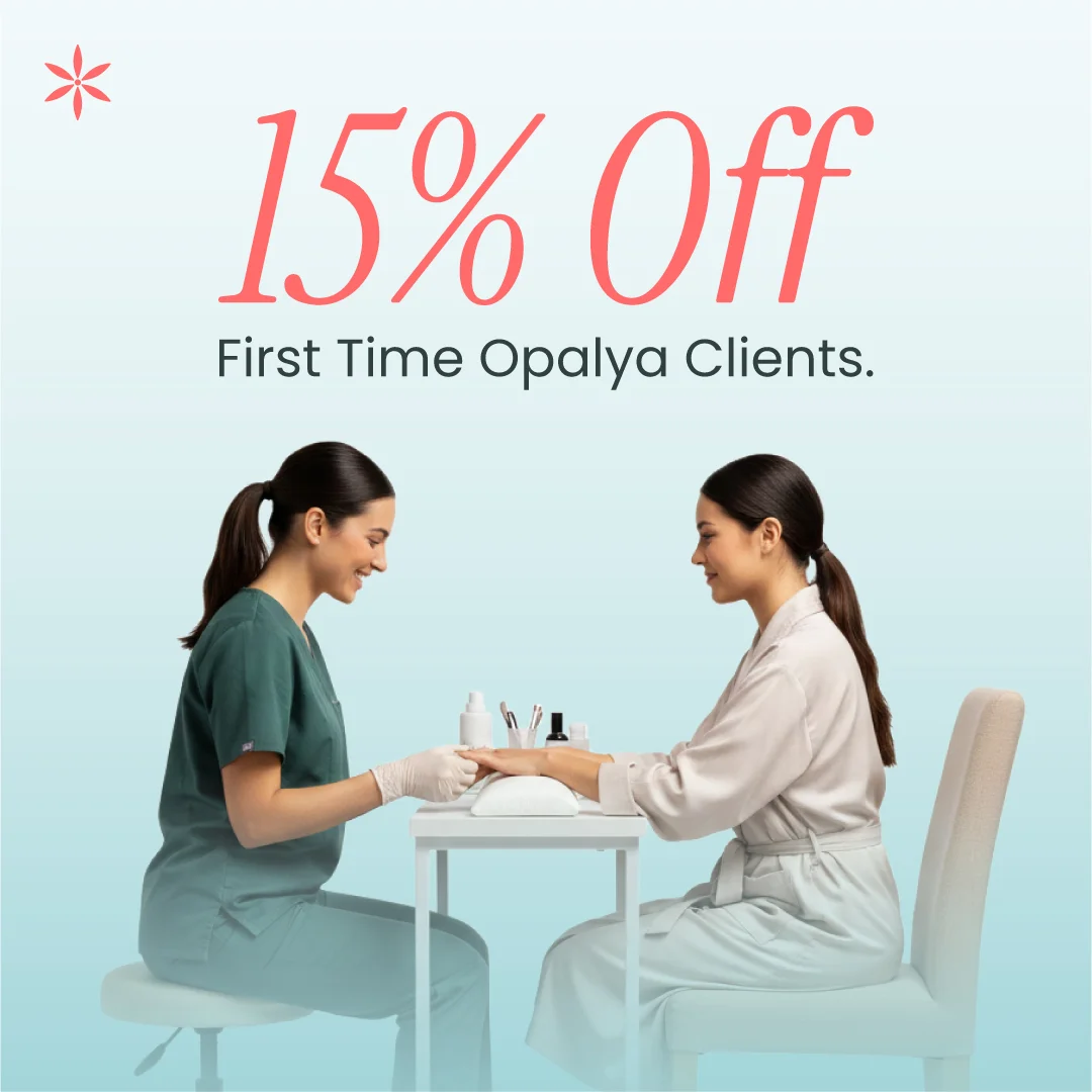 A nail technician wearing gloves providing a manicure to a seated client with text offering 15% off for first-time Opalya clients.