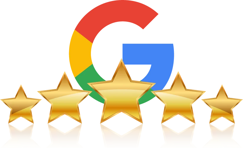 Google logo above five reflective gold stars arranged in a row.