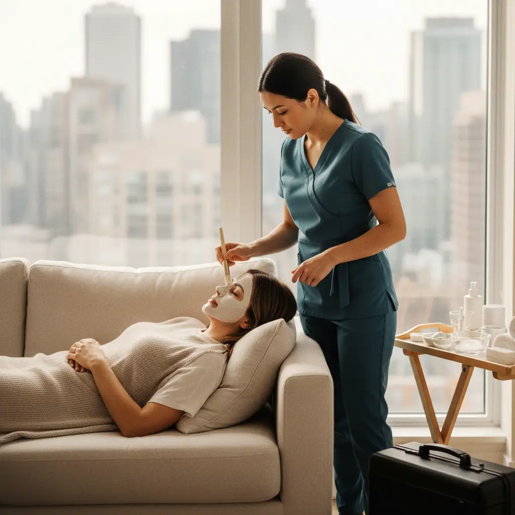 A skincare professional in scrubs applies a facial mask with a brush to a woman reclining on a sofa in a bright room.