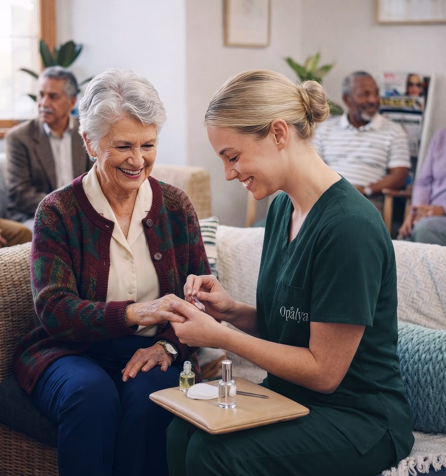 Caregiver in green scrubs gives a manicure to a smiling elderly woman seated on a couch in a social setting.