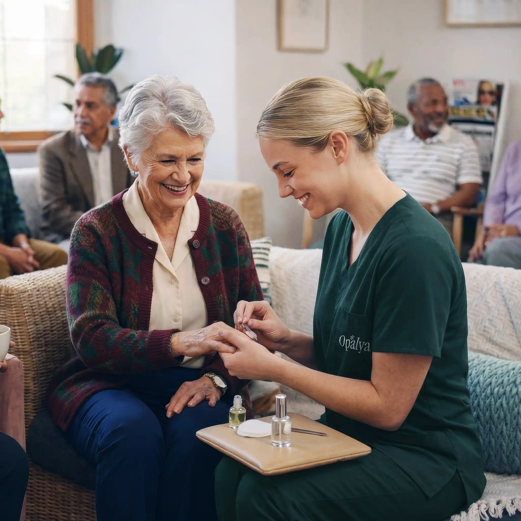Caregiver in green scrubs gives a manicure to a smiling elderly woman seated on a couch in a social setting.