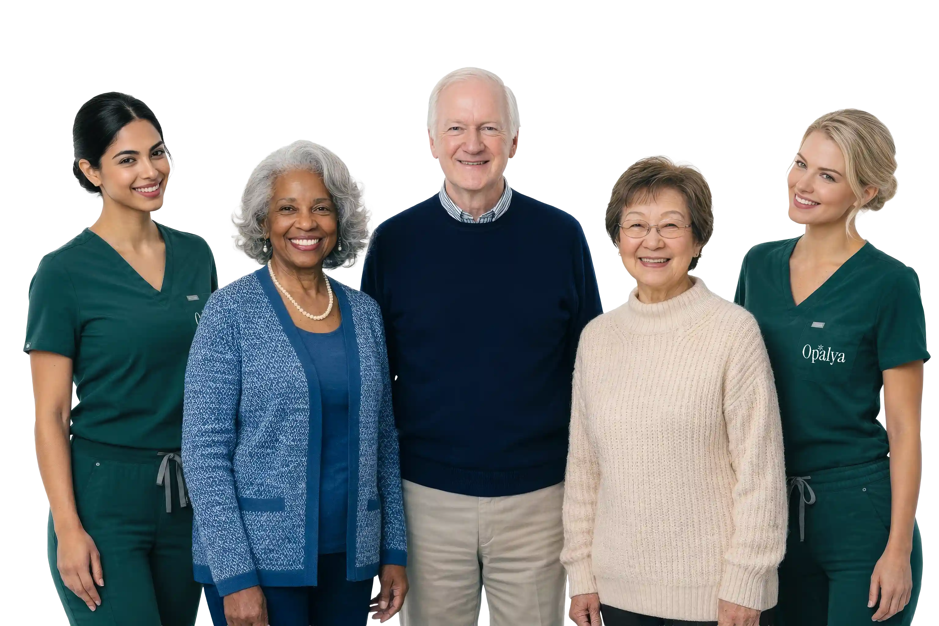 Two elderly people smiling between two female healthcare workers wearing green scrubs with Opalya logo.
