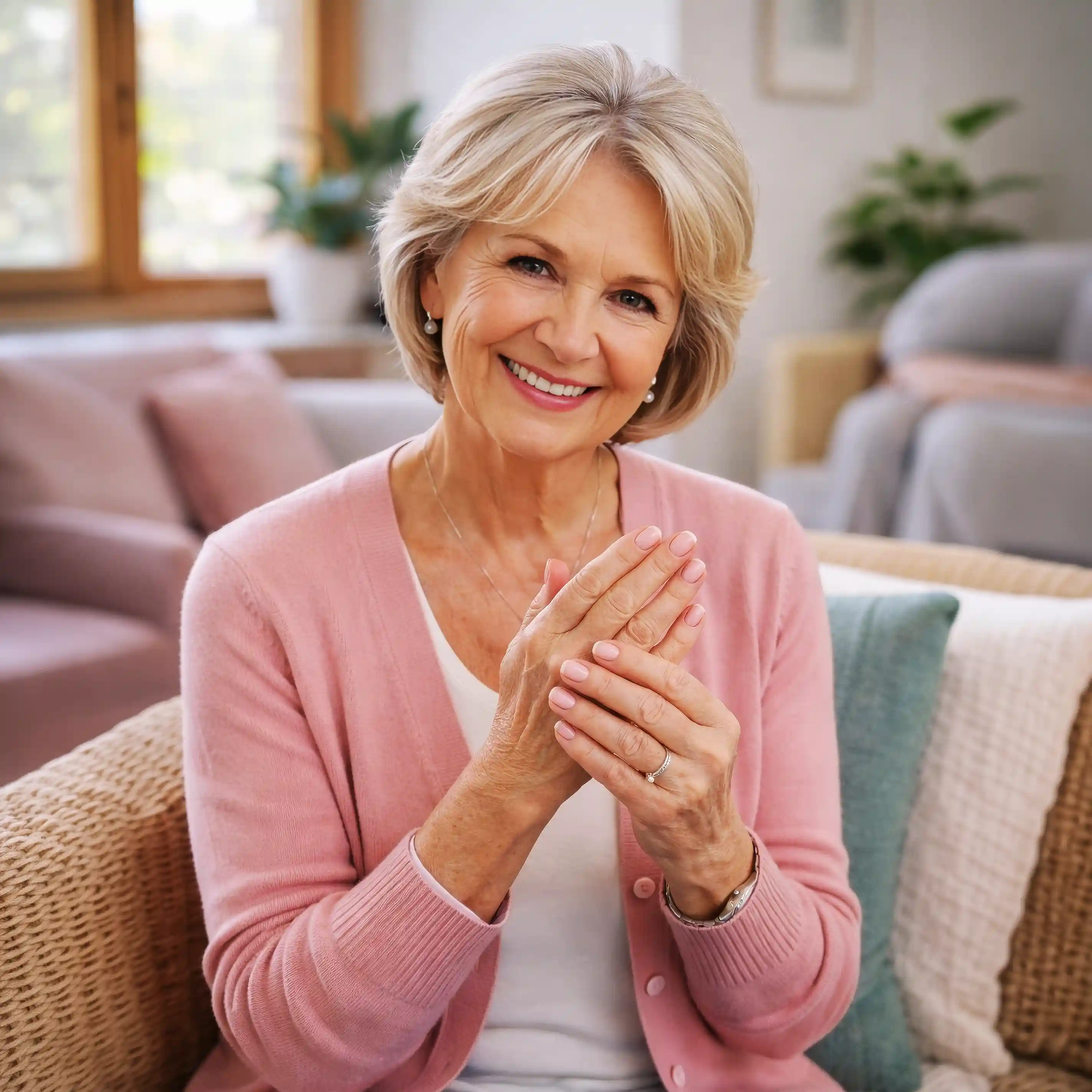 Smiling older woman wearing a pink cardigan sitting on a wicker chair indoors.