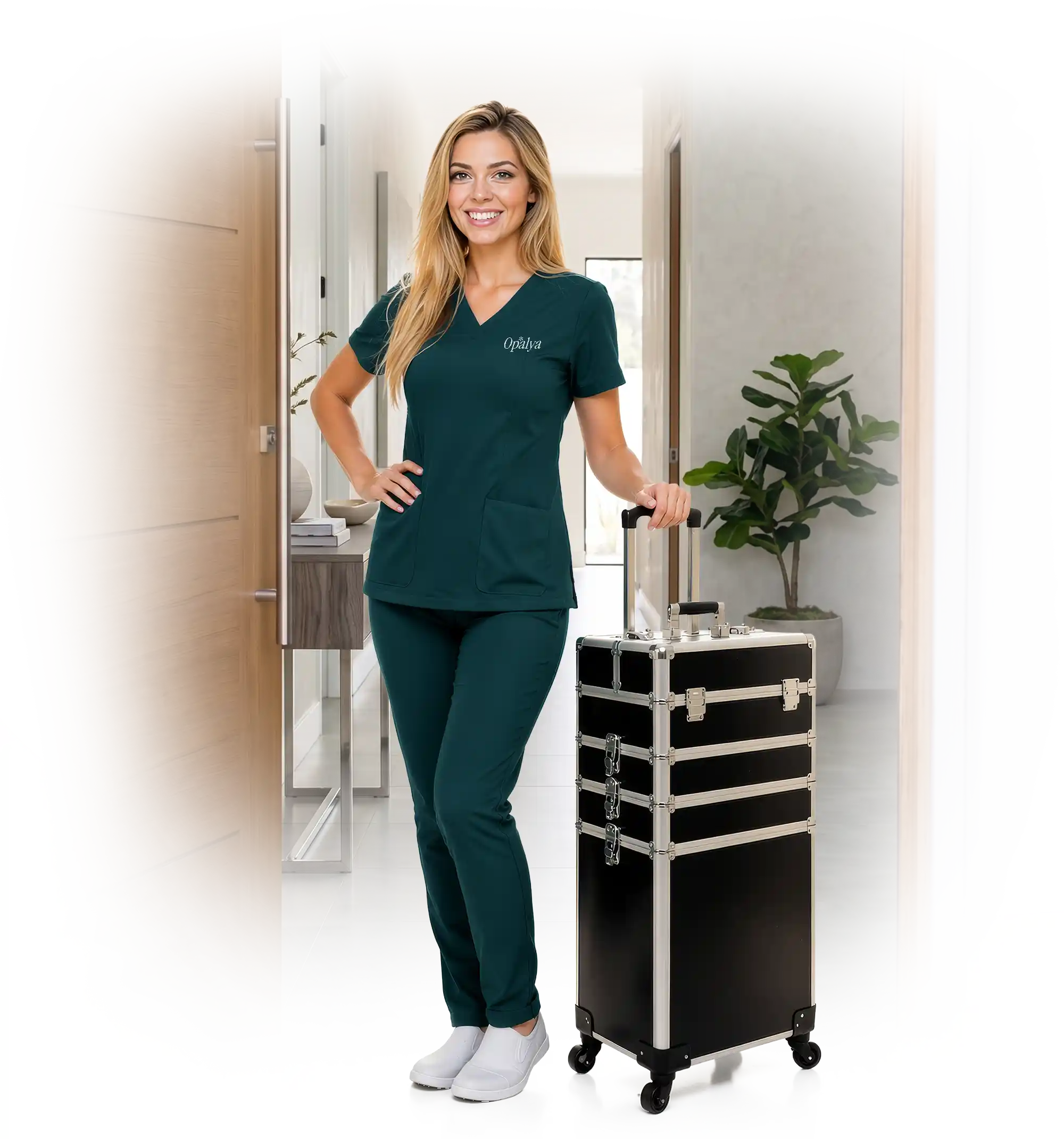 Smiling woman in green medical scrubs standing in a modern hallway holding a black rolling makeup case.