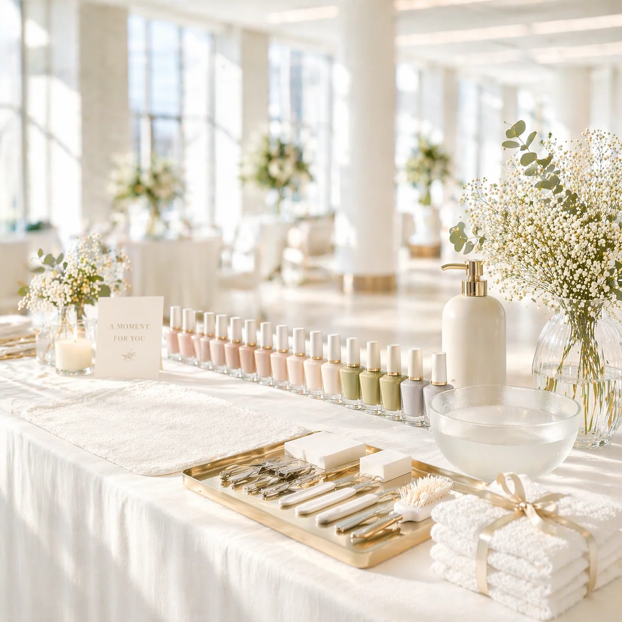 Elegant manicure setup with pastel nail polishes, manicure tools on a gold tray, towels tied with ribbon, glass bowl of water, and floral arrangements on a white tablecloth.