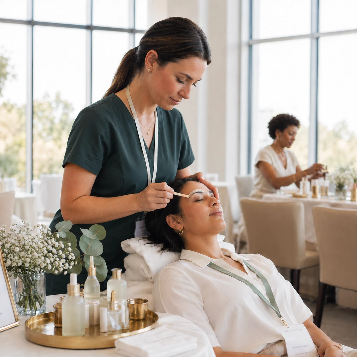 Woman receiving a facial treatment while lying back, another woman applies skincare with a brush in a bright spa room.