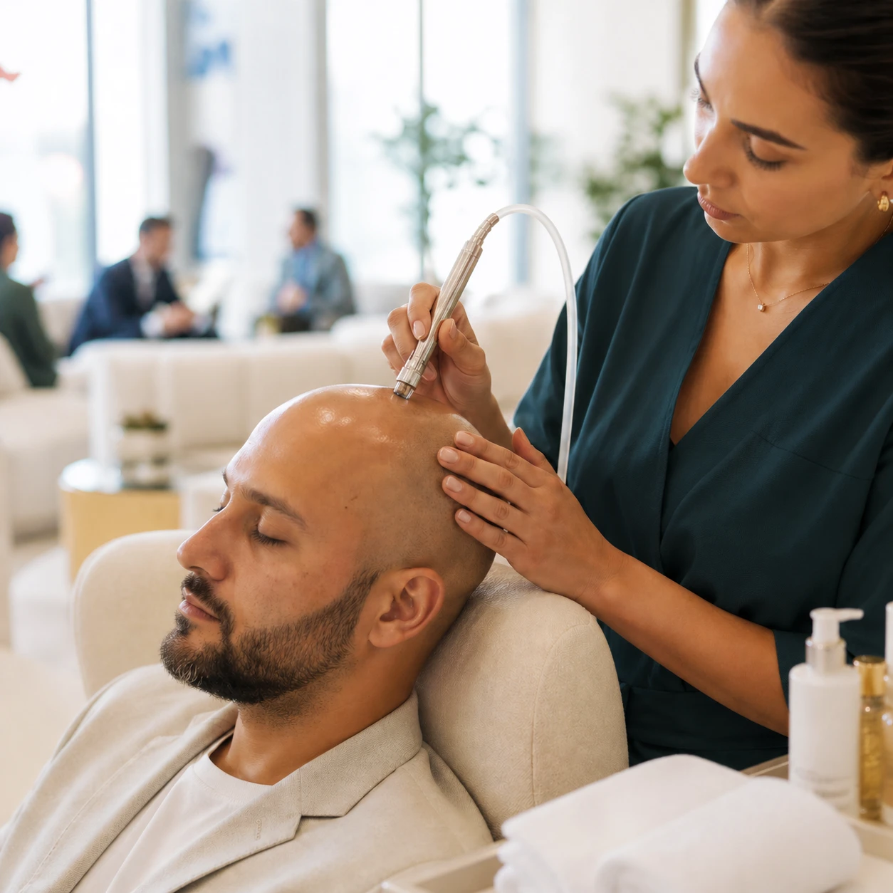 Woman performing scalp treatment with a handheld device on a bald man reclining on a chair.