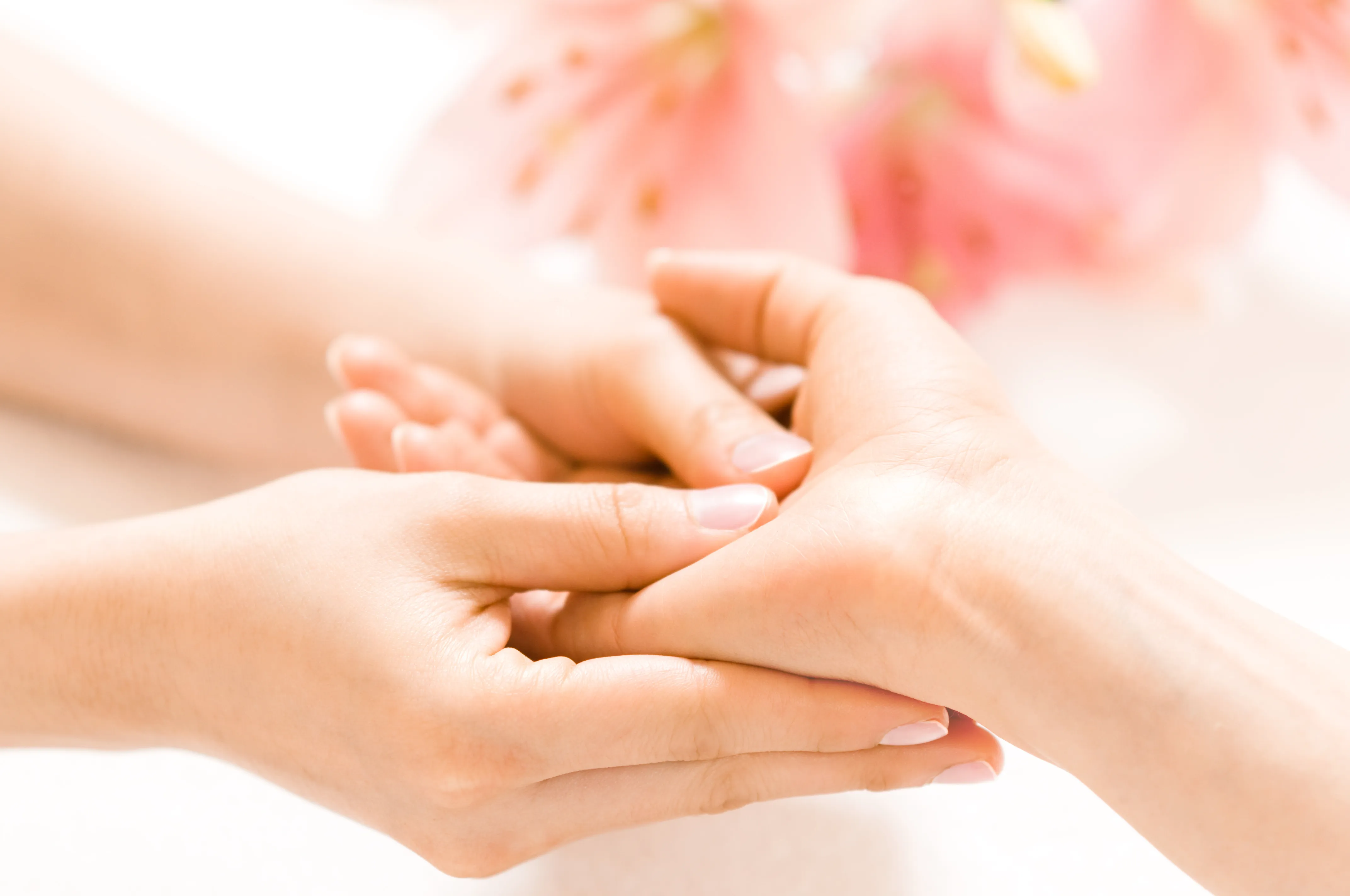 Close-up of one person gently holding another person's hand with a soft pink flower blurred in the background.