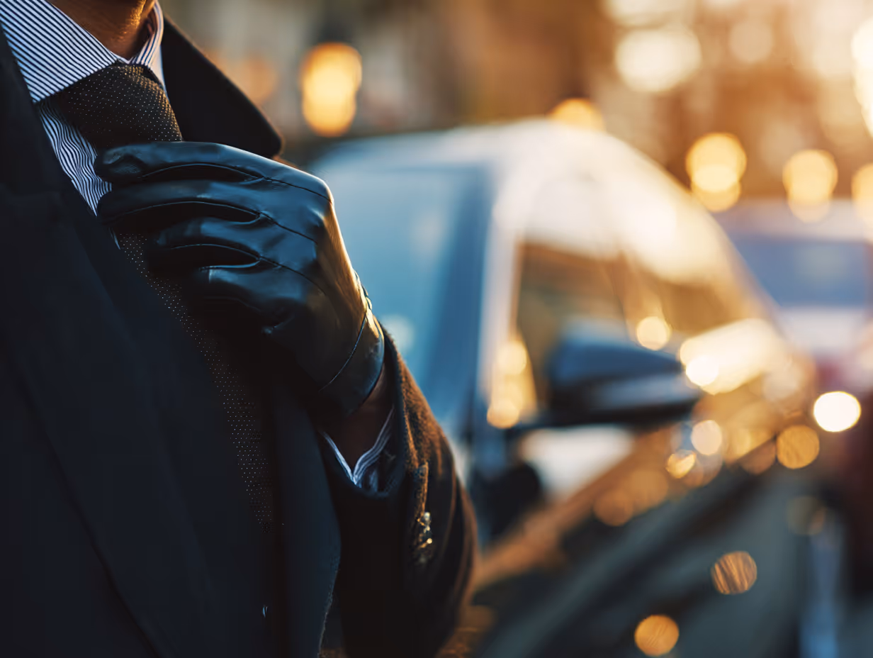 Chauffeur holding his Tie, while wearing black leather glove