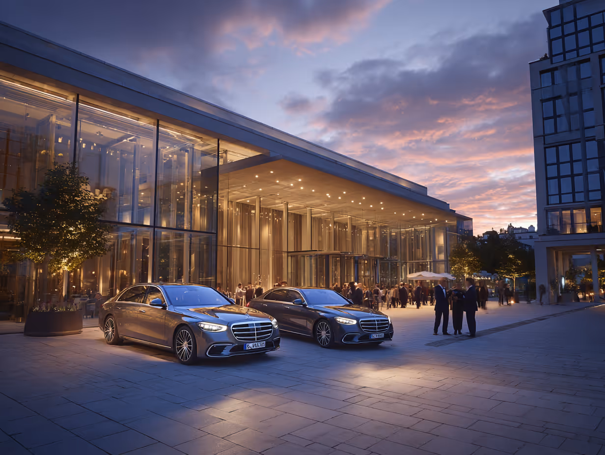 Chauffeur for events: two luxury cars in front of an event“