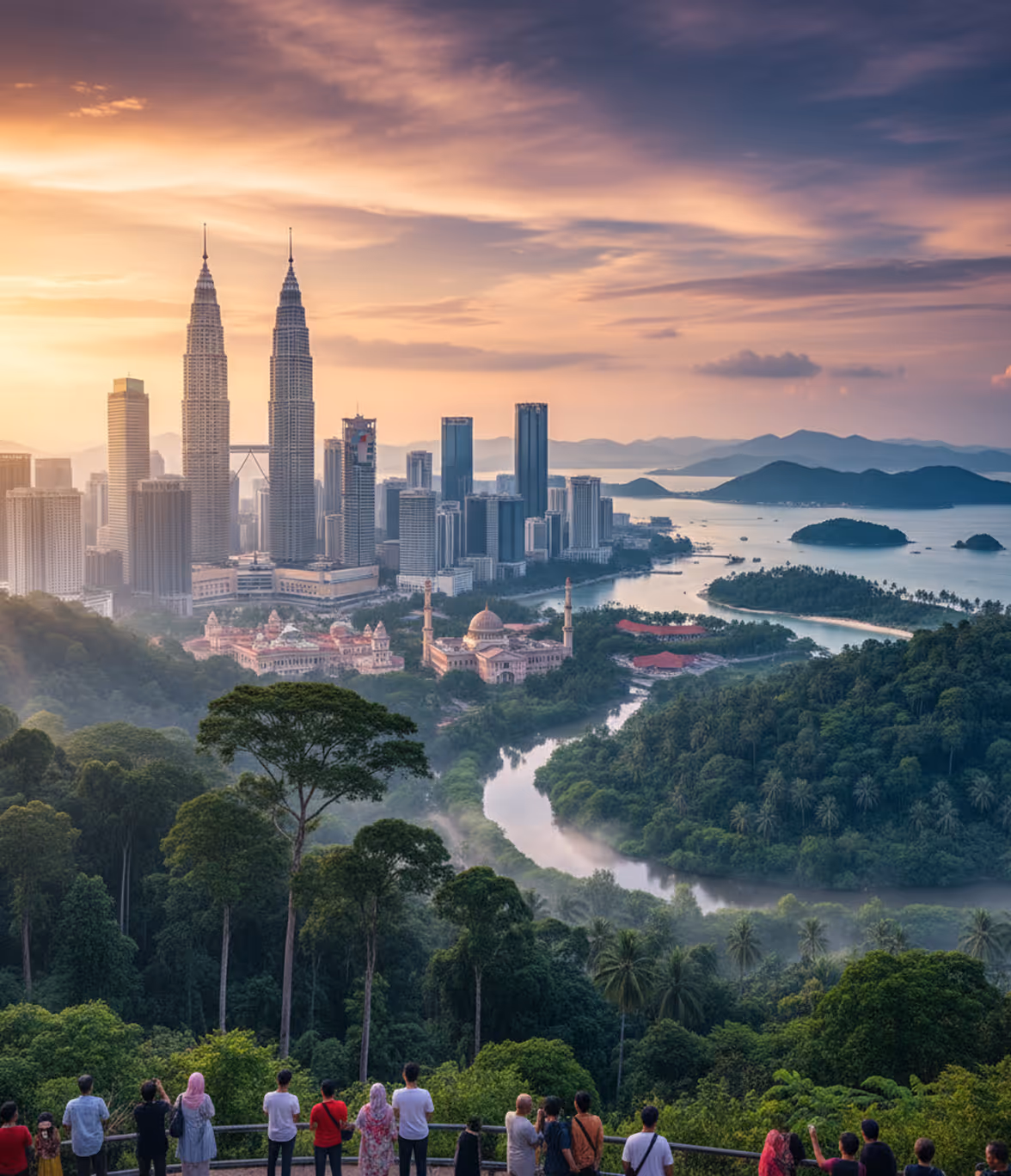 Group of people overlooking Kuala Lumpur skyline at sunset with Petronas Towers, lush forest, river, and distant islands.