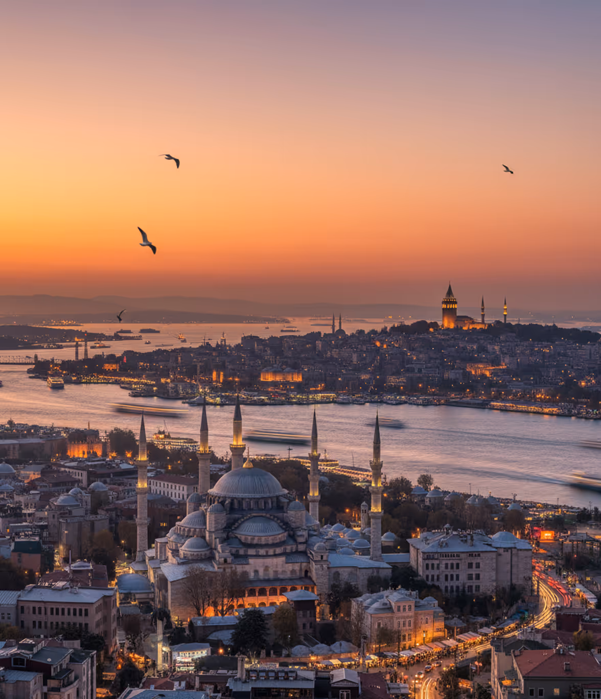 Sunset view of Istanbul featuring the illuminated Suleymaniye Mosque in the foreground and Galata Tower across the water with birds flying above.