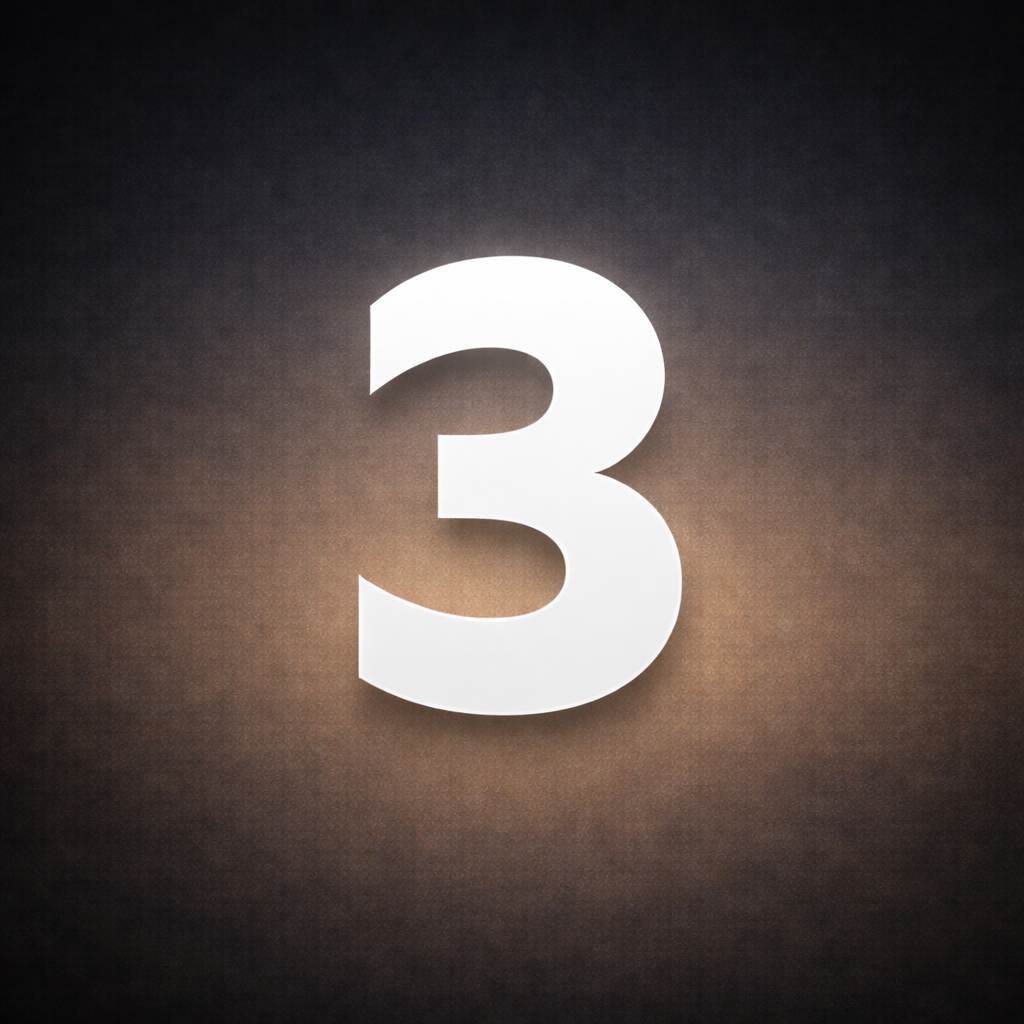 Large white number 3 illuminated against a dark textured background with a soft orange glow.