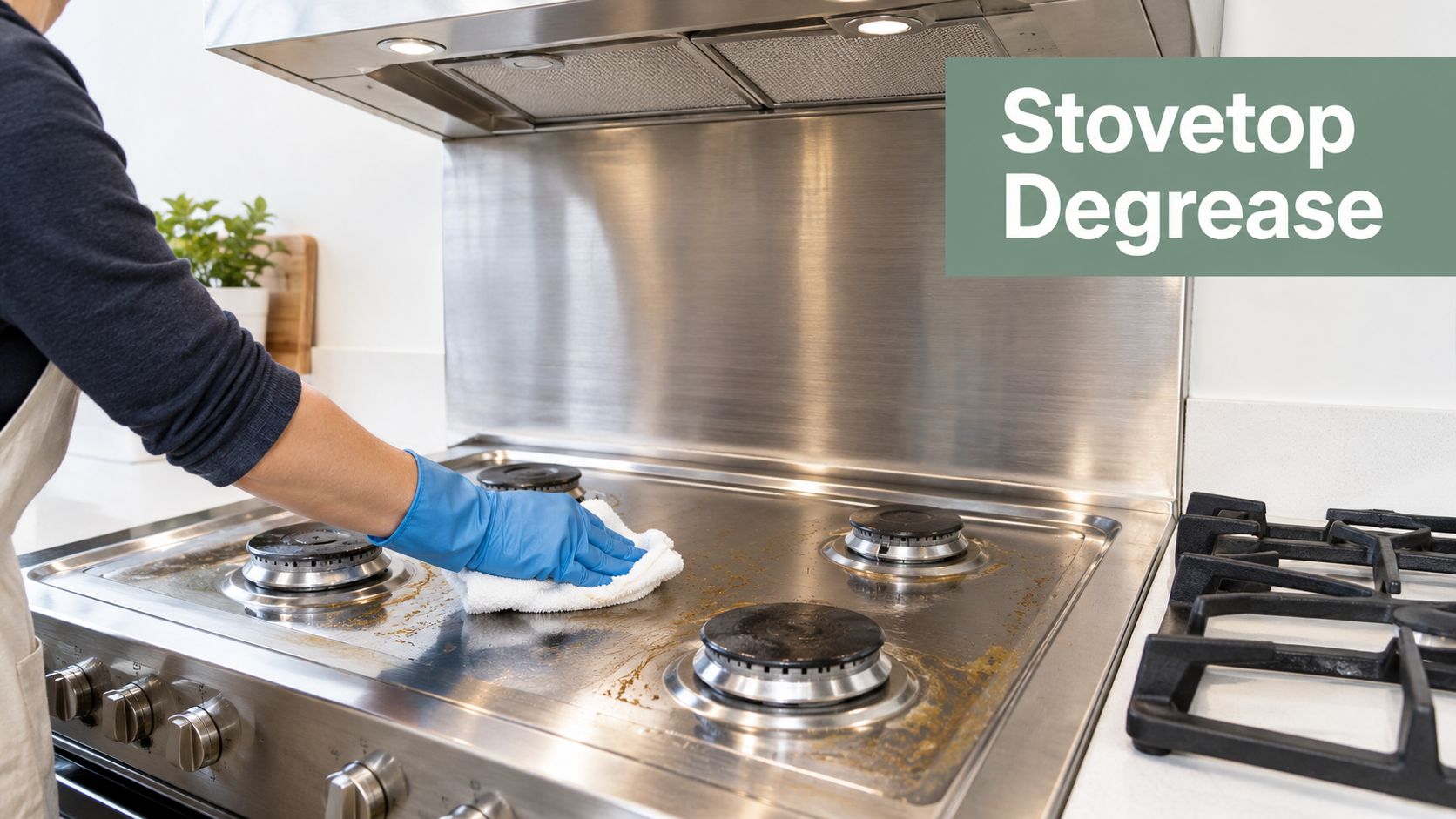 A person wearing blue cleaning gloves wipes grease off a stainless steel kitchen stovetop with a cloth.