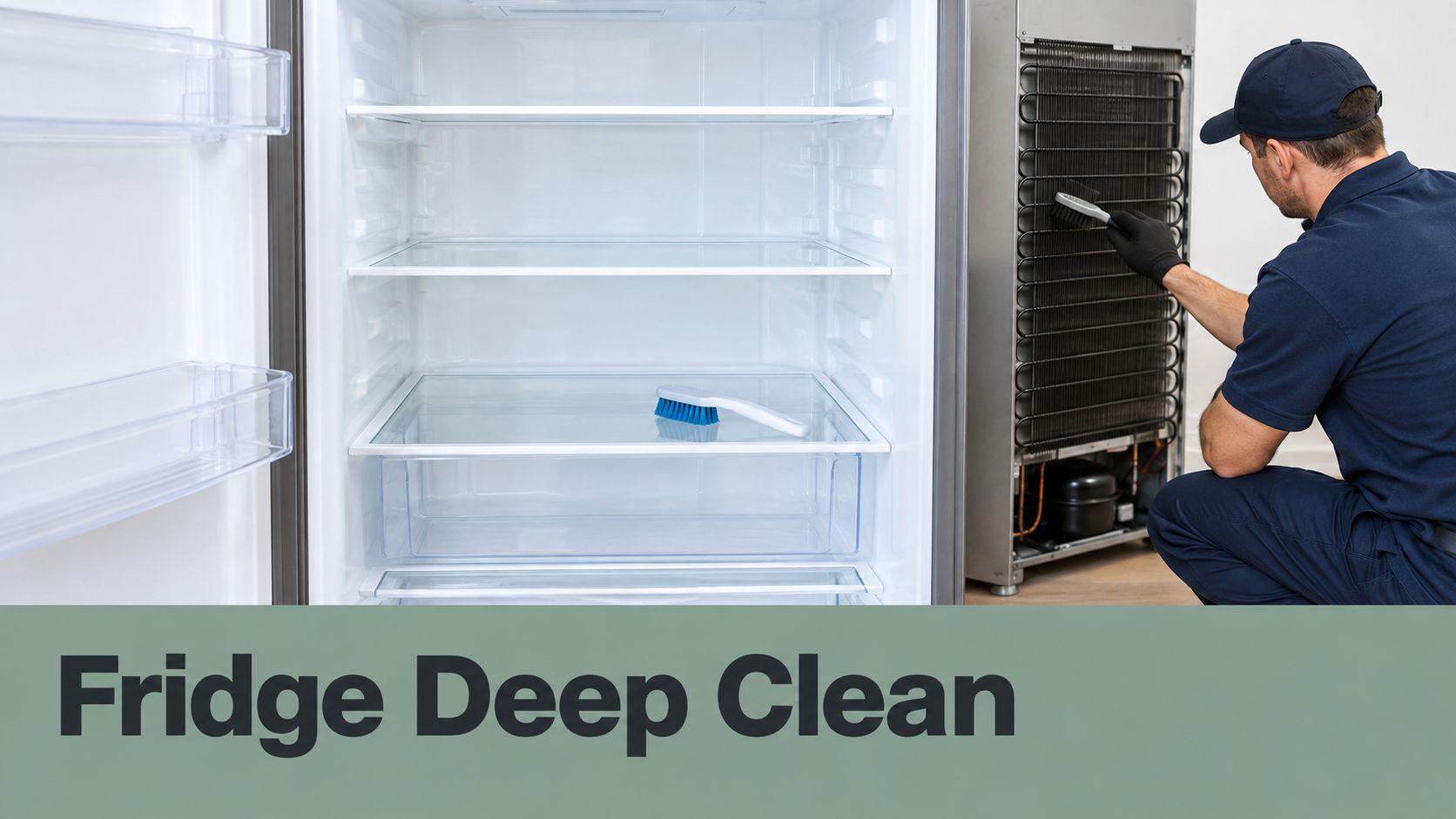 A professional technician wearing a cap cleans the refrigerator coils with a brush during maintenance.