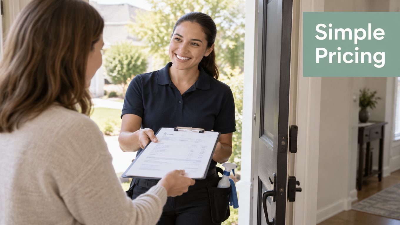 A professional cleaning service provider presents a service agreement to a customer at their front door.