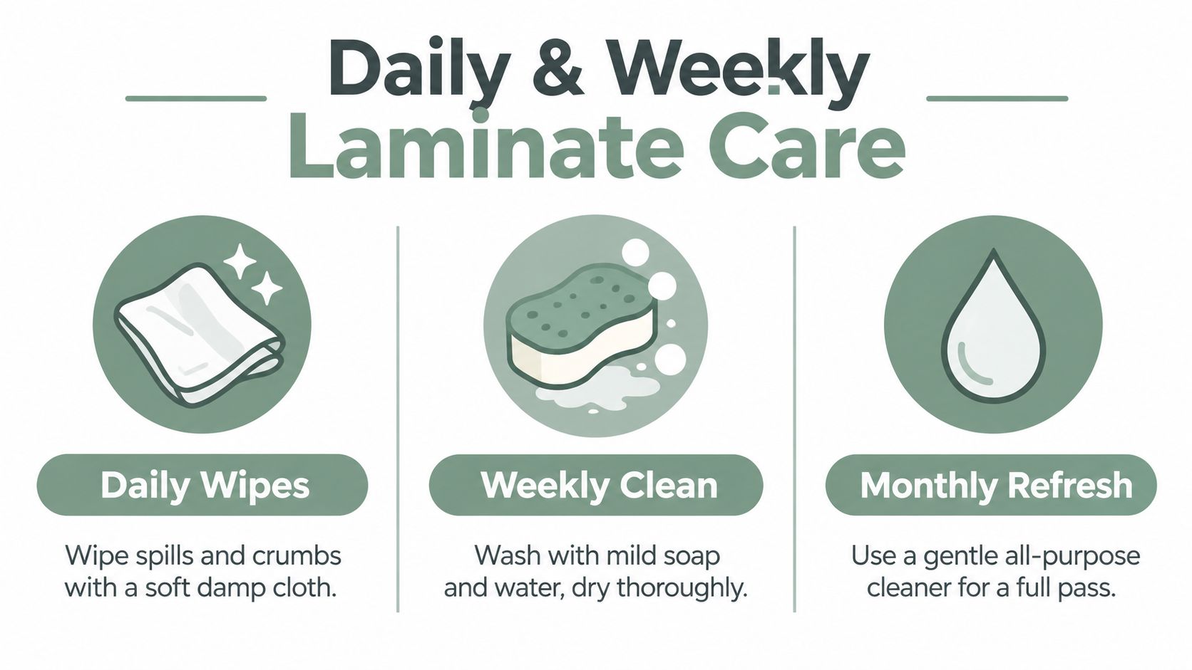 An infographic showing daily, weekly, and monthly maintenance tips for caring for laminate kitchen countertops properly.