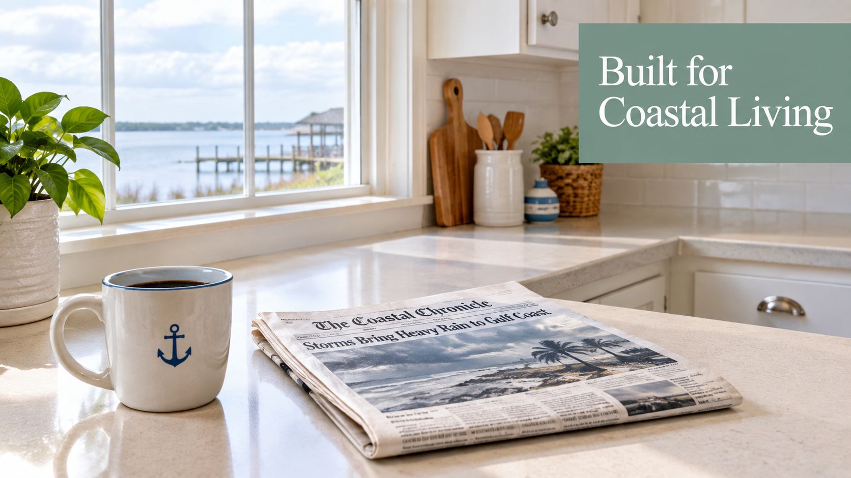 A cup of coffee next to a newspaper on clean laminate countertops by a sunny coastal kitchen window.
