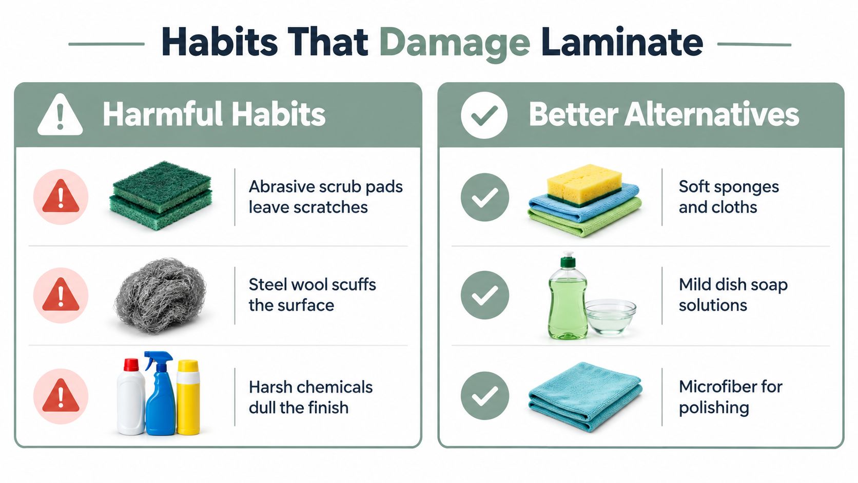 A comparison chart showing harmful habits like abrasive pads and better alternatives for cleaning laminate countertops.