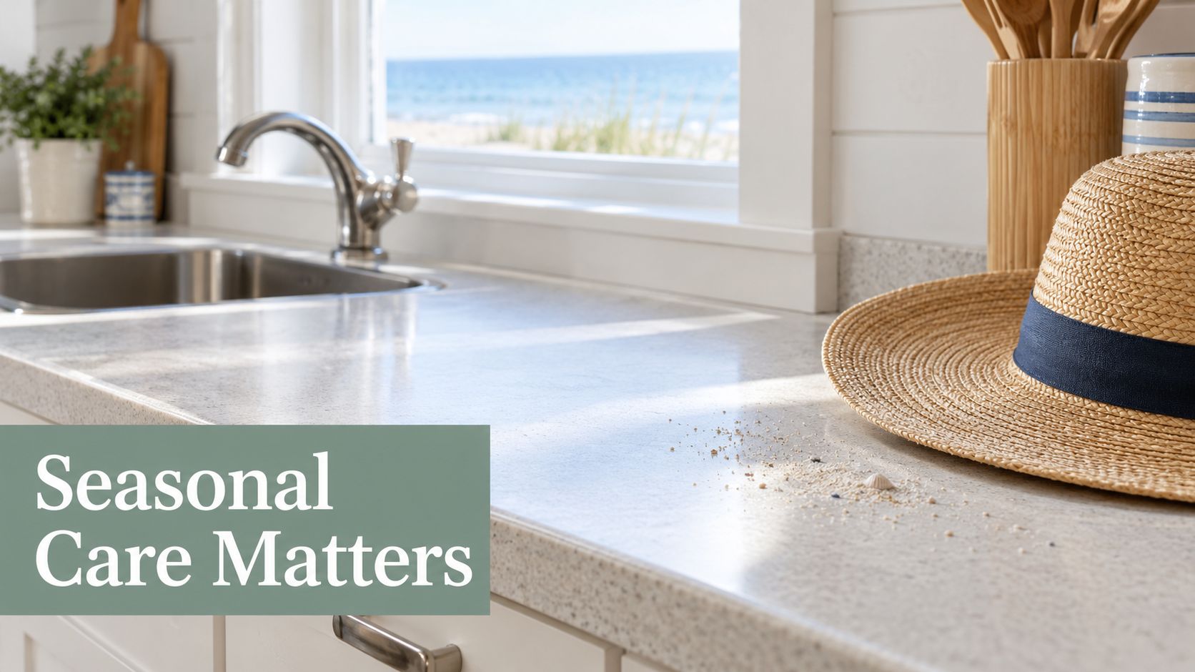 A close-up view of light-colored kitchen countertops with scattered sand near a sun hat and sink.