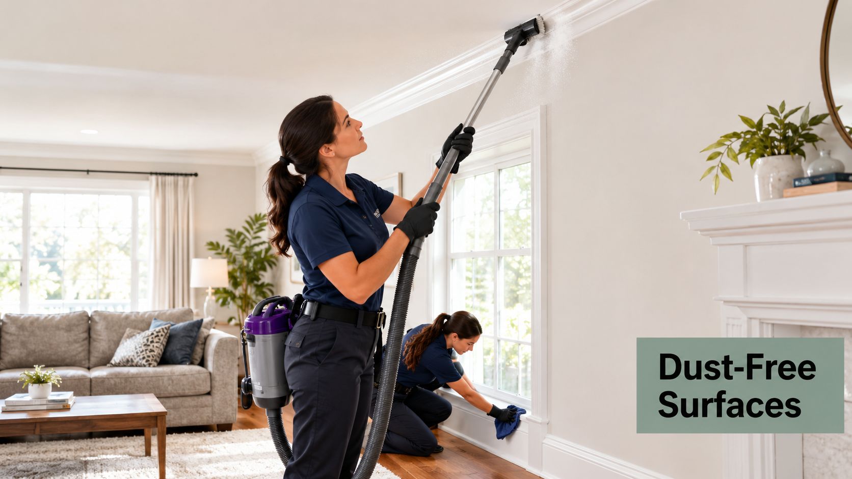 Two professional cleaning staff working in a clean, bright home to ensure dust-free surfaces and detailing.