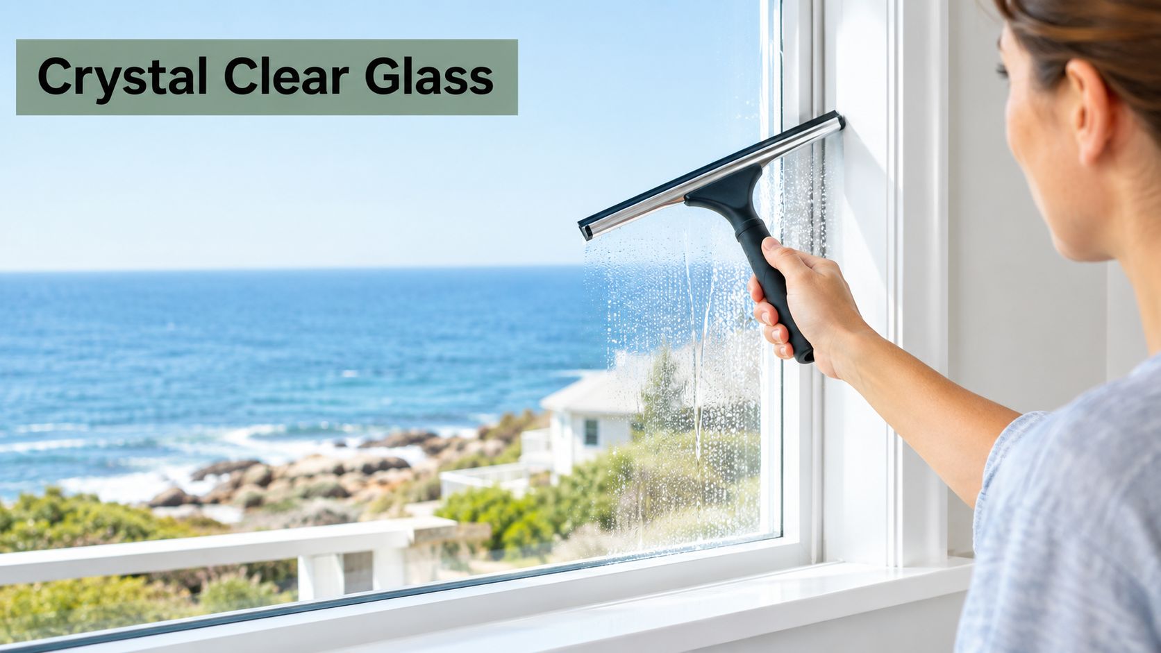 A person using a squeegee to clean a window with a beautiful ocean view in the background.