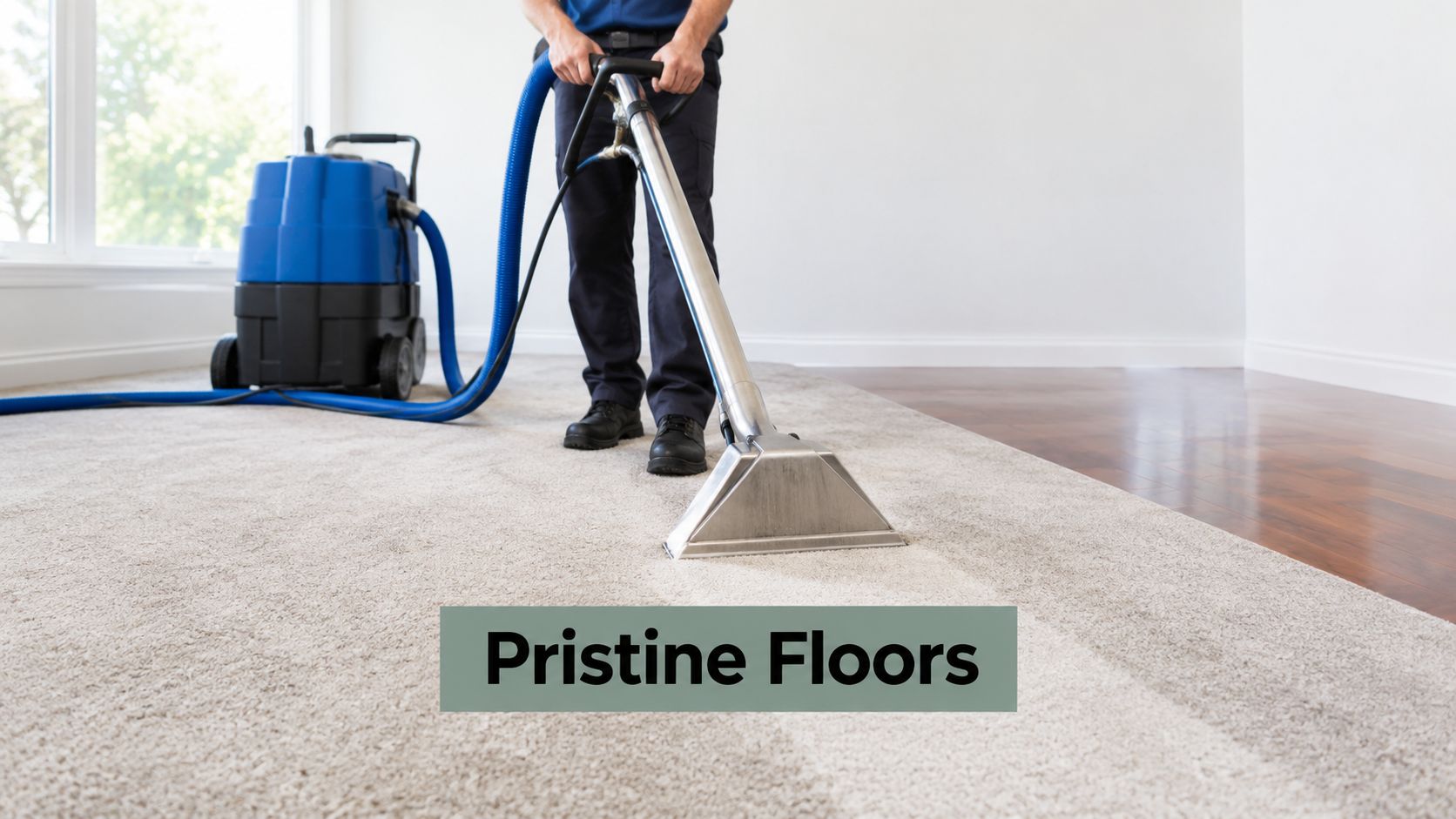 A professional cleaner uses a heavy-duty vacuum machine to deep clean a light-colored carpet in a room.