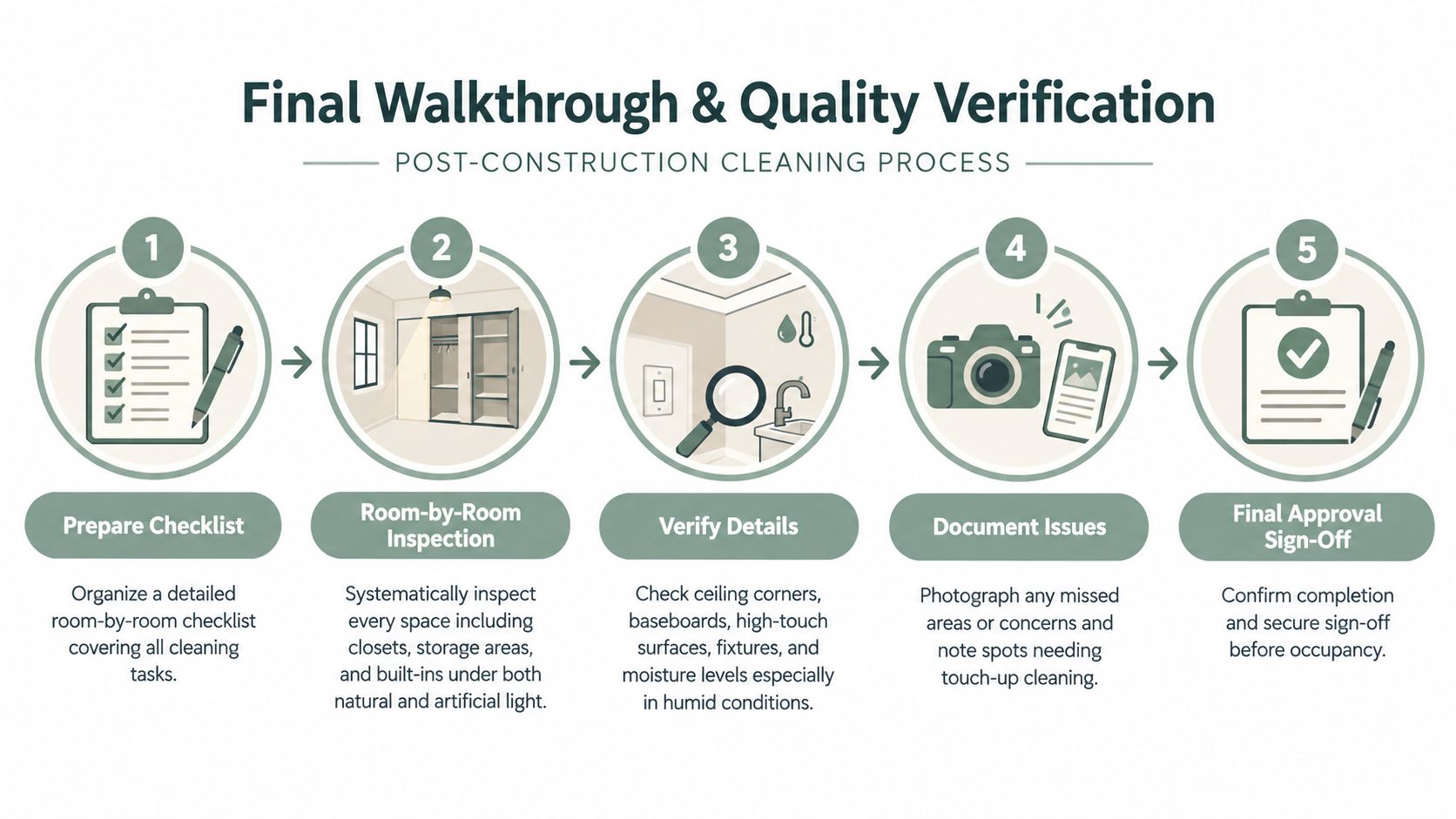 A five-step infographic showing the post-construction cleaning process with a checklist, inspection, detailing, documentation, and final sign-off.