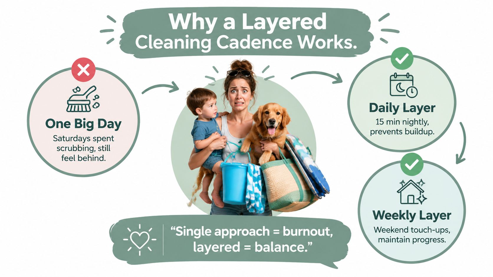 A woman holding a child and a dog, comparing a stressful weekend cleaning day to a balanced layered cleaning schedule.