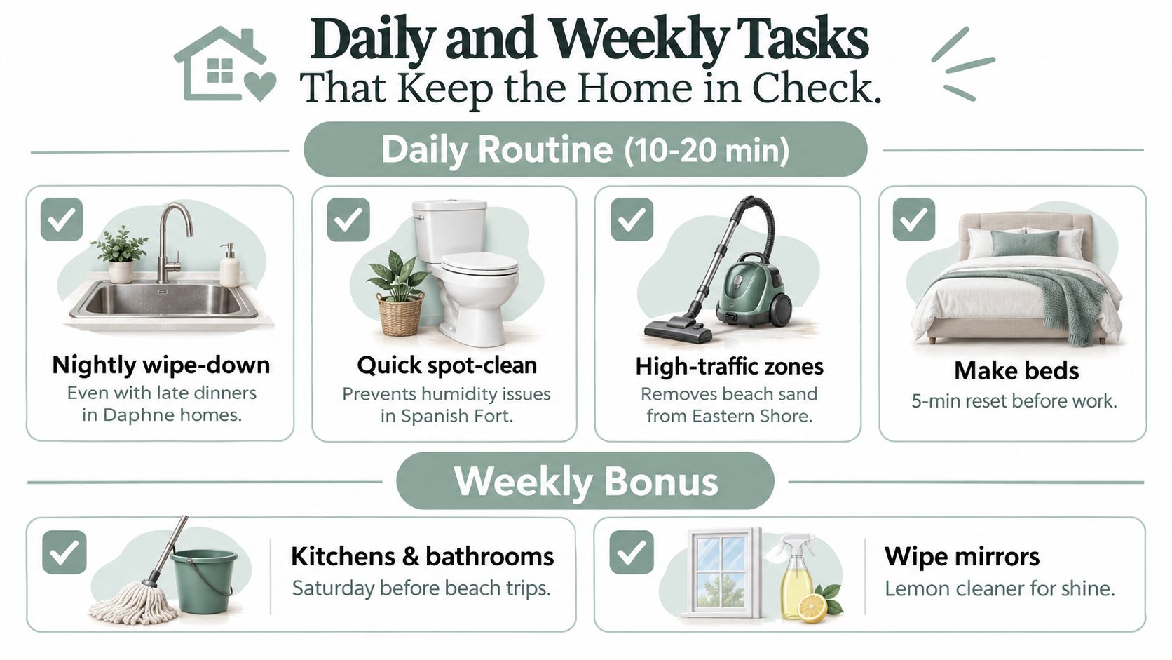 A chore chart infographic showing daily routines and weekly house cleaning tasks with descriptive icons.