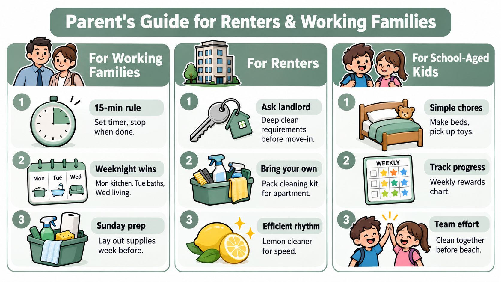 An infographic titled Parent's Guide for Renters & Working Families with cleaning tips and chore schedules.