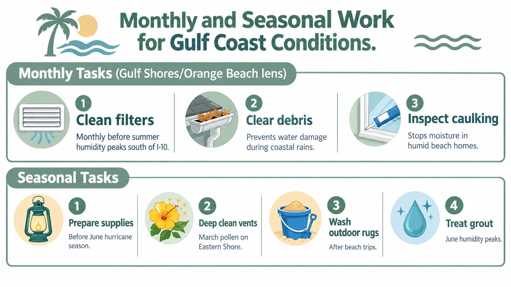 A monthly and seasonal home maintenance infographic designed for Gulf Coast residents and beach home owners.