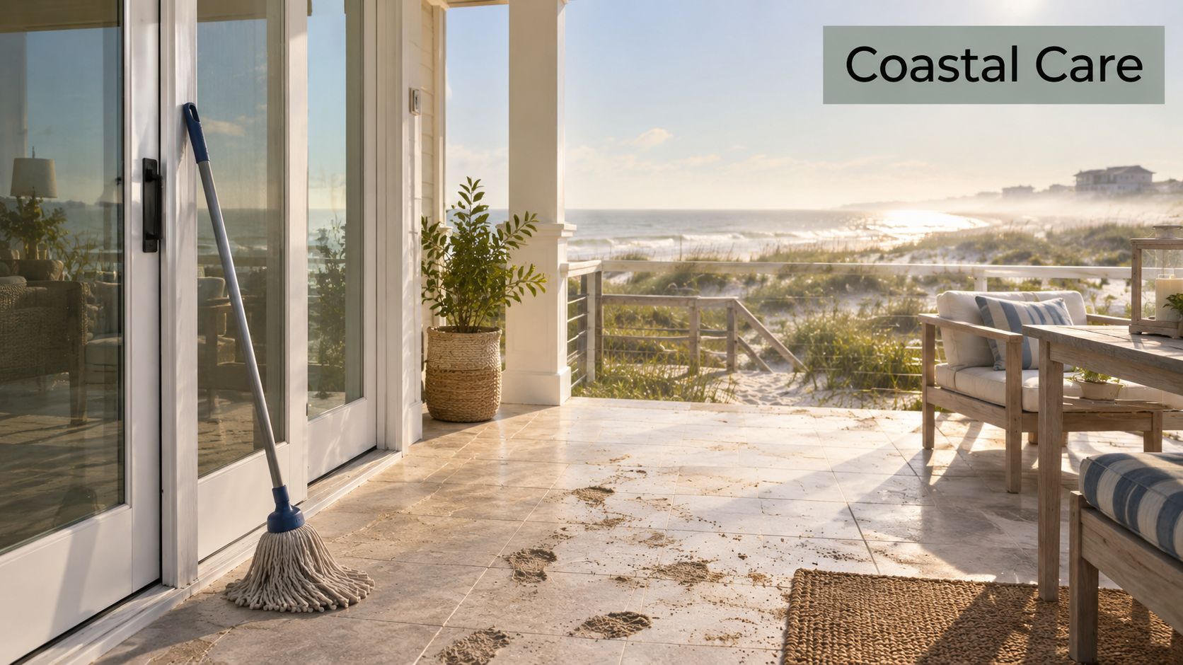 A mop leaning against glass doors on a sunny coastal patio covered in sandy footprints.
