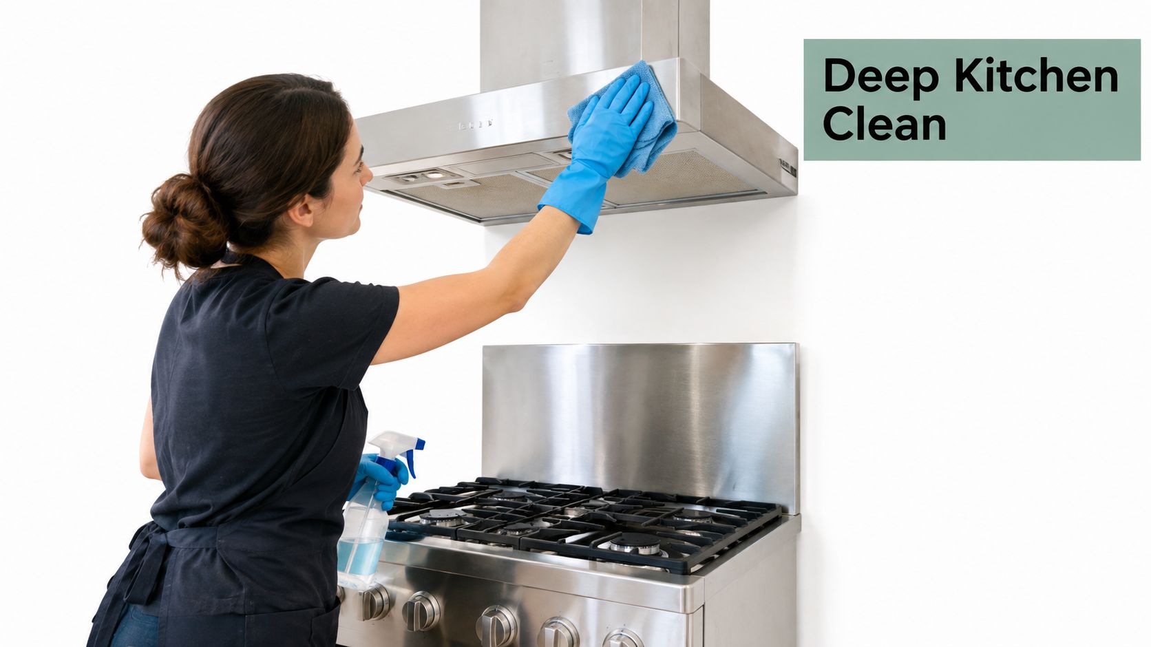 A professional cleaner in uniform and blue gloves wiping a stainless steel kitchen range hood.