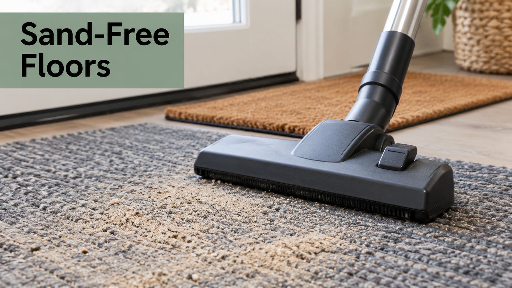 A vacuum cleaner cleaning sand and debris from a grey doormat near a doorway.
