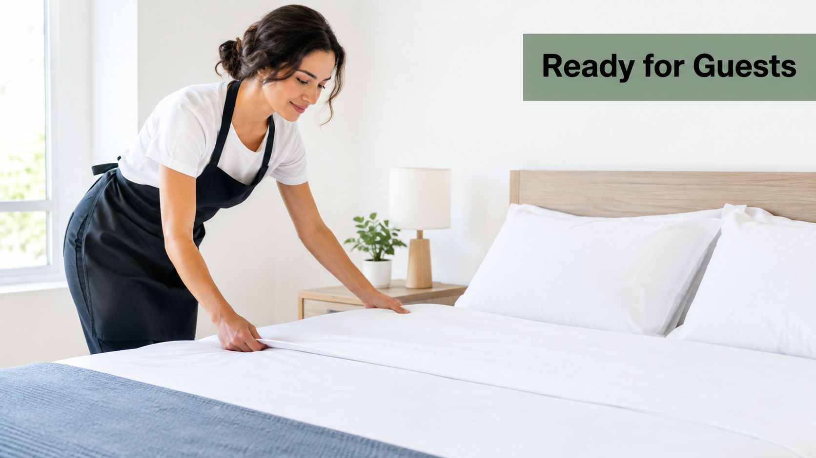 A professional housekeeper neatly making a bed in a hotel room, ready for incoming guests.