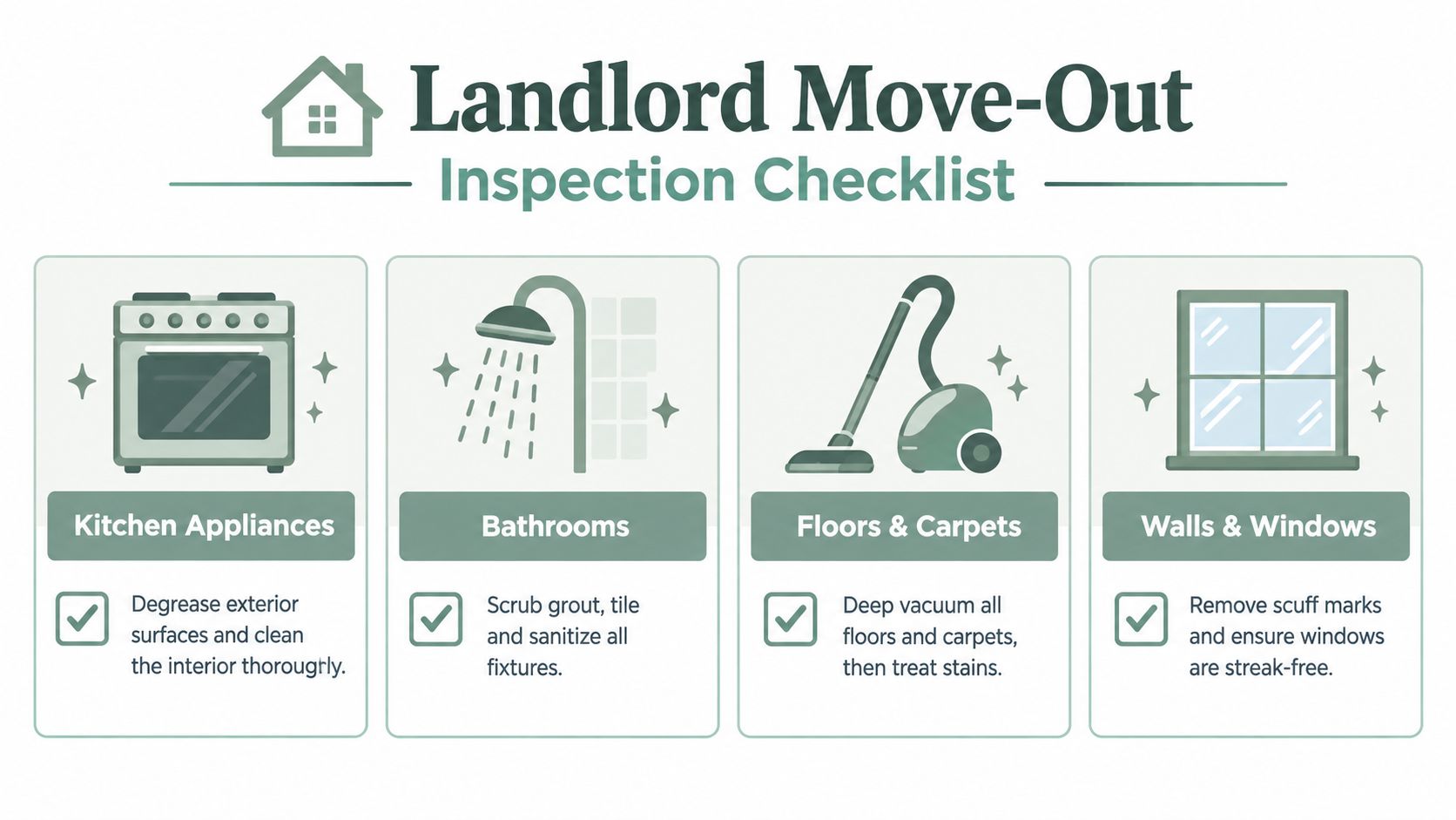 A landlord move-out inspection checklist showing four cleaning tasks for kitchens, bathrooms, floors, and windows.