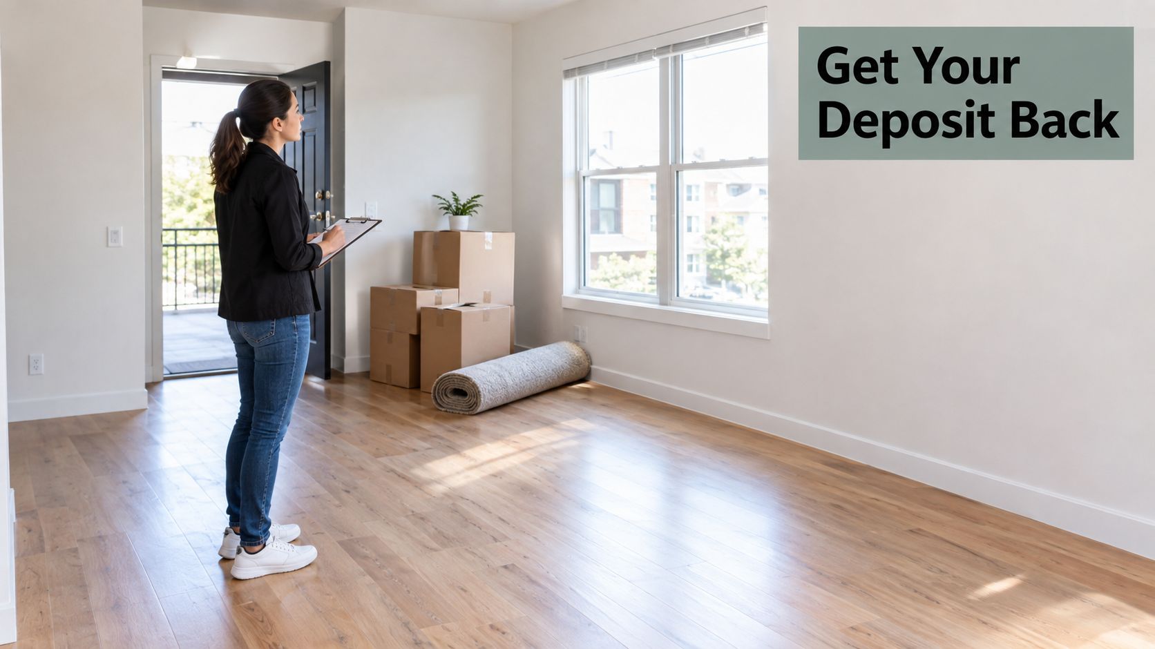 A woman stands in a clean empty apartment holding a clipboard during a move out inspection.