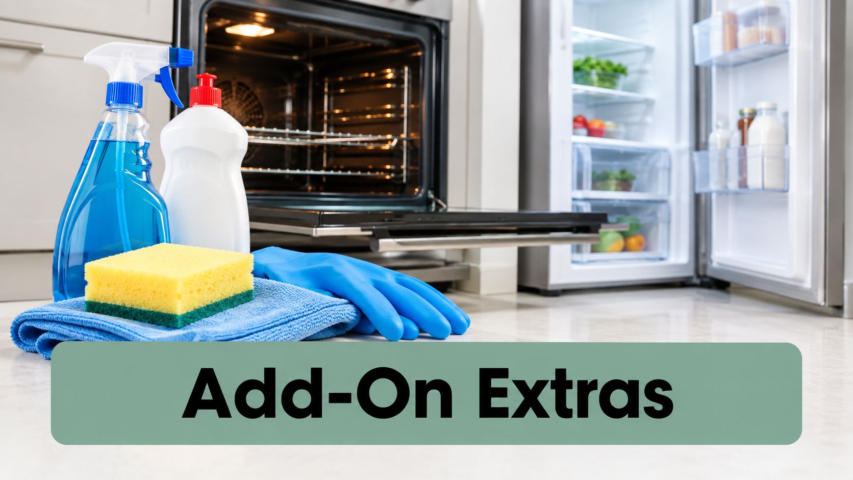 Cleaning supplies, sponge, and blue gloves placed in front of an open oven and refrigerator.